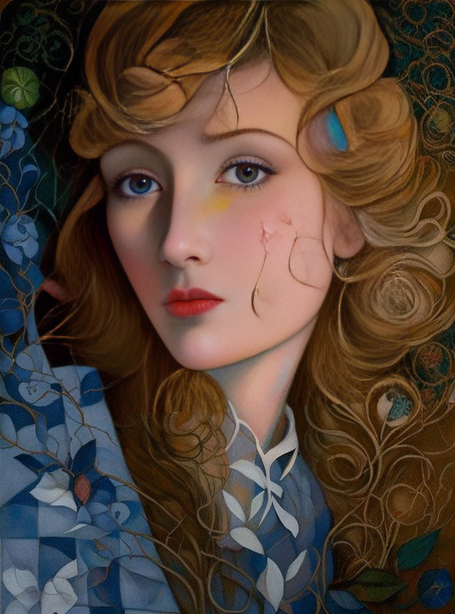 Portrait of woman with wavy hair, subtle makeup, floral garment, and tear.