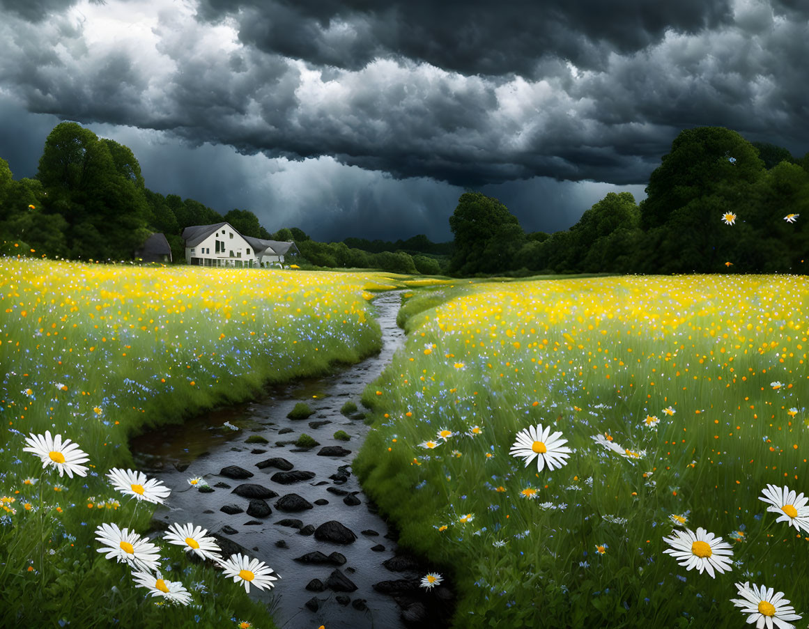 Yellow and White Flowers Field with Brook and Solitary House in Stormy Sky