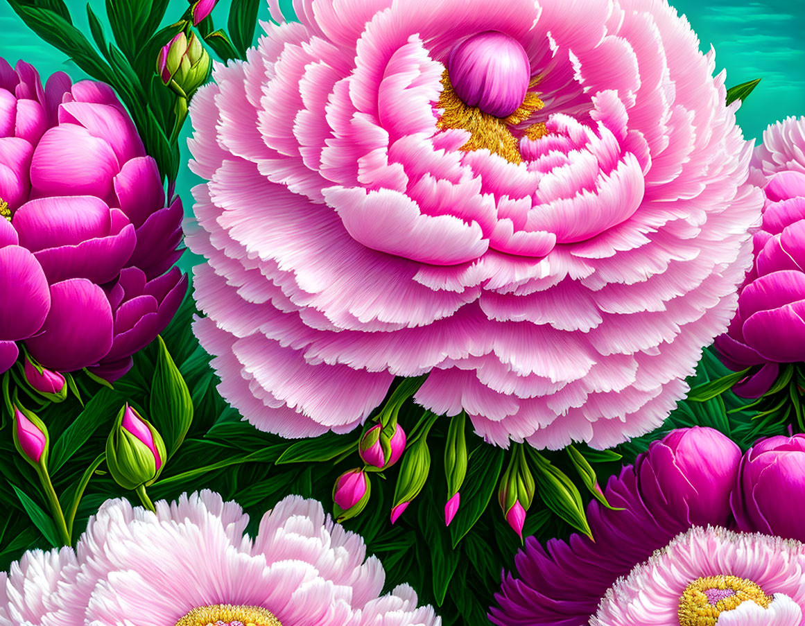 Colorful Pink Peonies Illustration on Teal Background