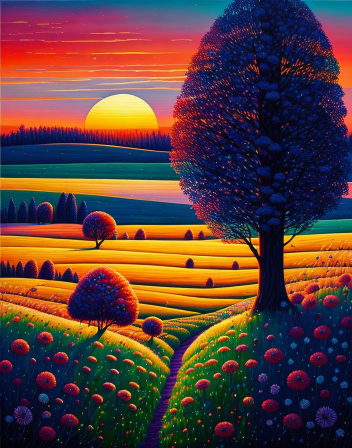 Colorful Sunset Over Rolling Fields with Distinctive Trees and Flowers