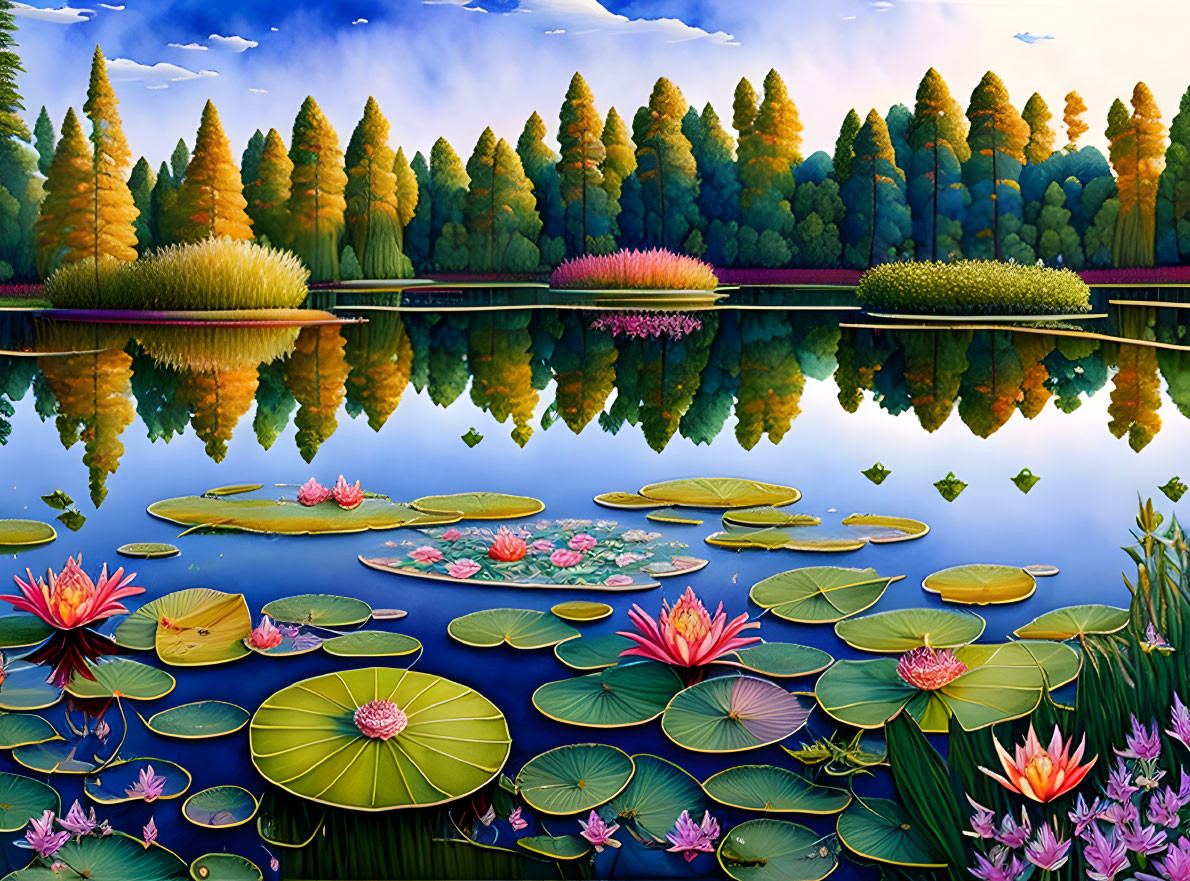 Autumnal trees and water lilies in vibrant pond landscape