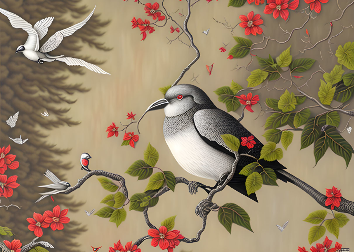 Birds, butterflies, and flowers in serene nature scene