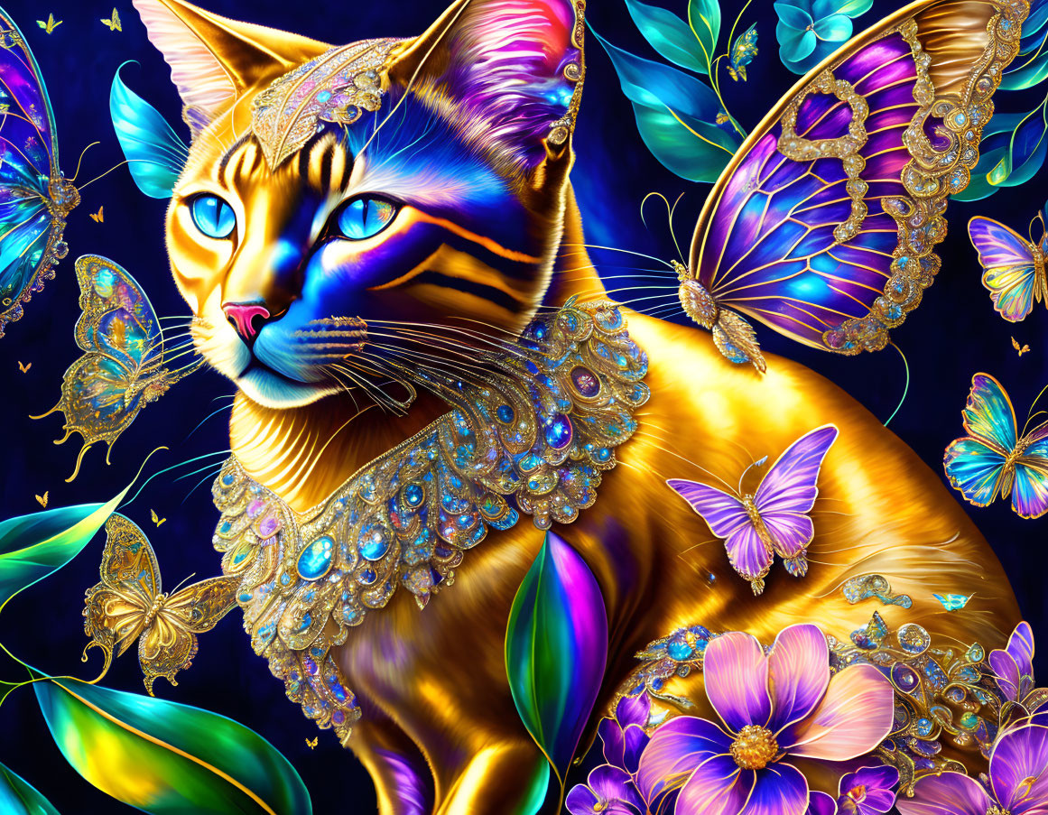 Golden cat with jewels and butterflies on blue background