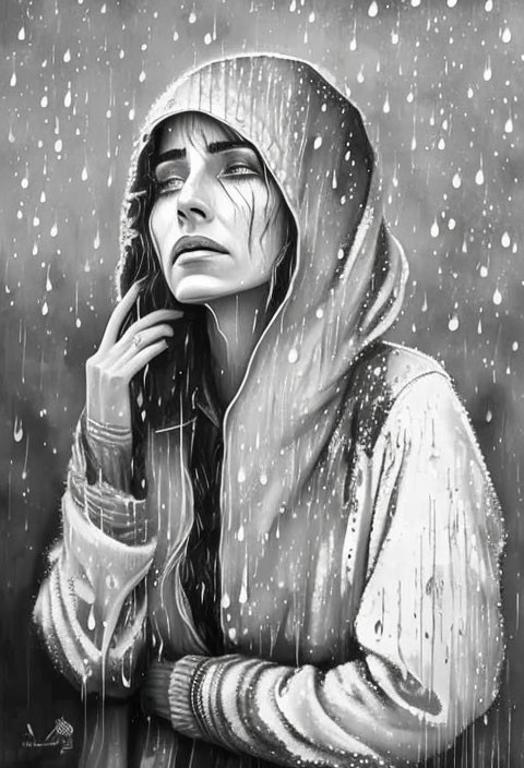 Monochrome image of woman in hooded cloak in rain