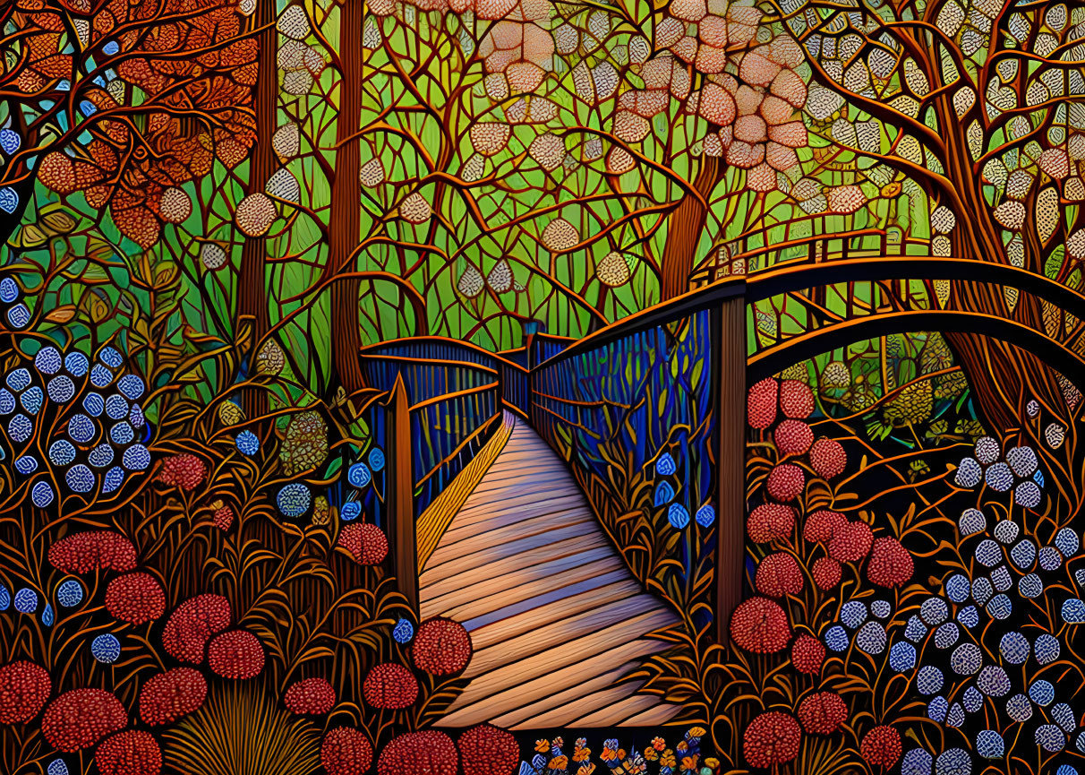 Colorful Flora Surrounding Wooden Bridge with Mosaic Canopy