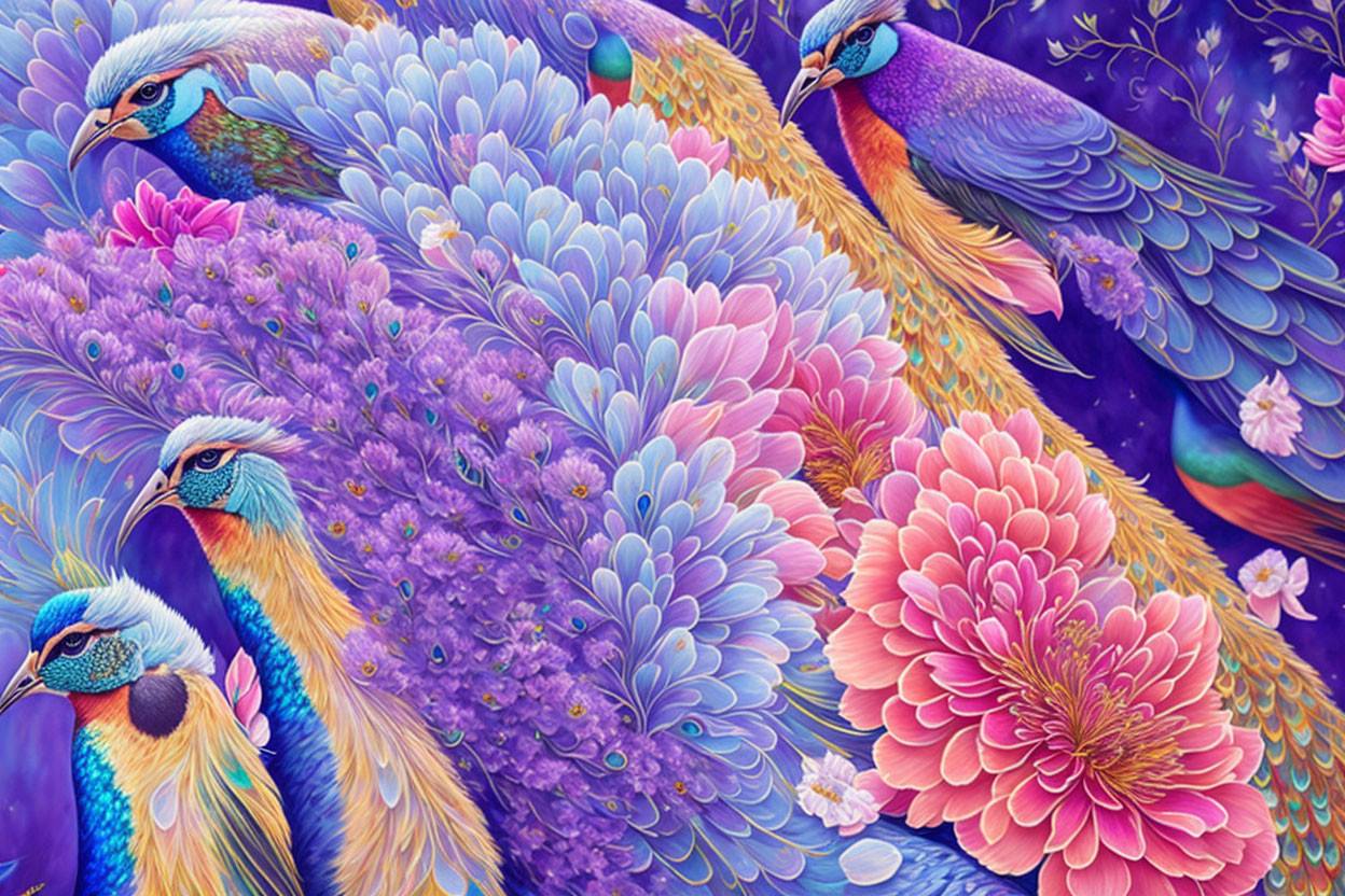 Colorful Peacocks and Flowers Illustration in Purple and Blue Palette