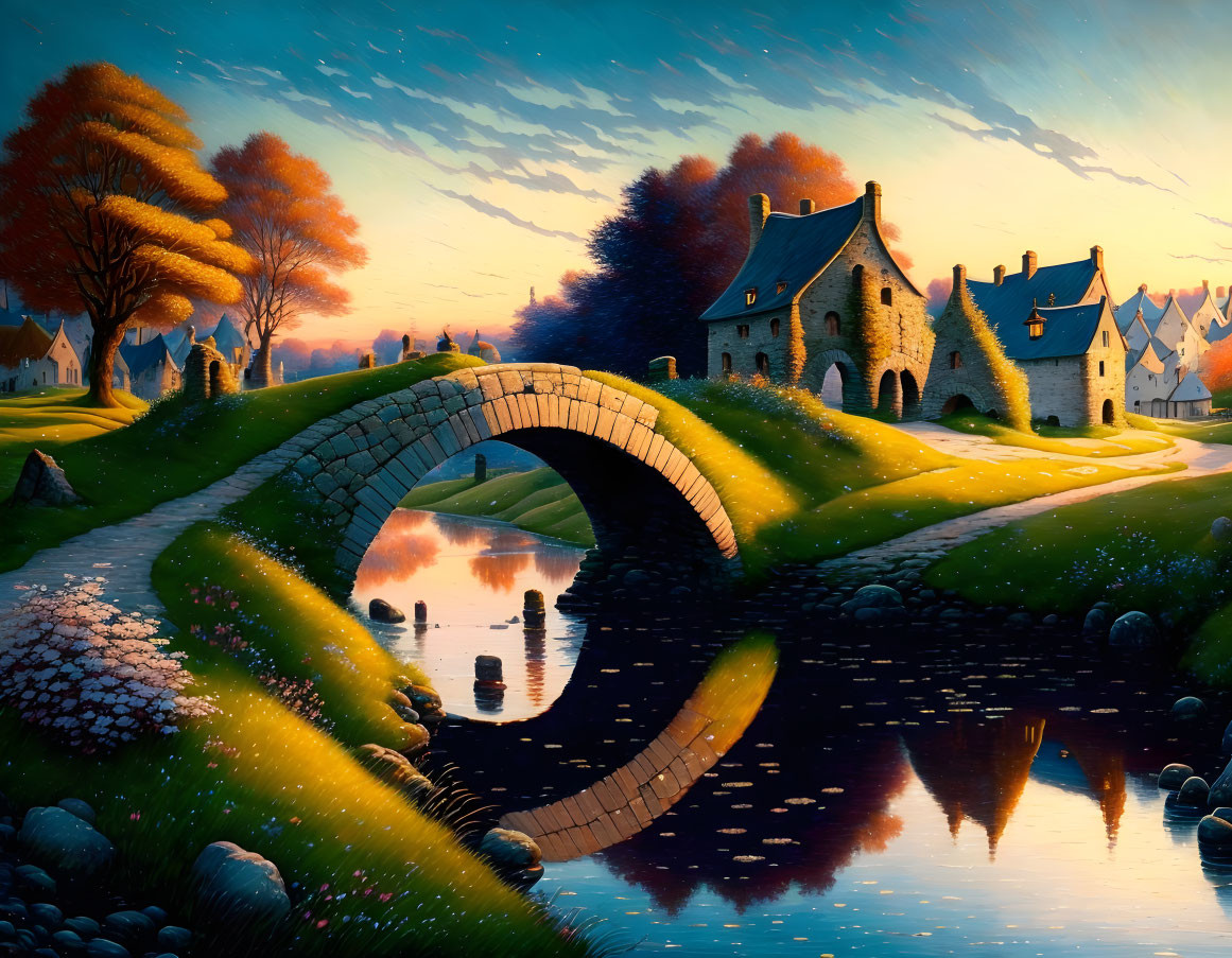 Scenic village sunset with stone bridge, river, traditional houses, and autumn trees