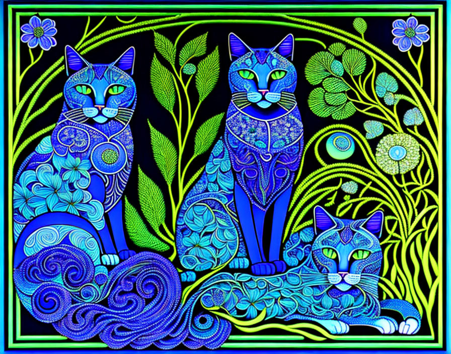 Colorful Digital Art: Three Cats in Neon Surroundings