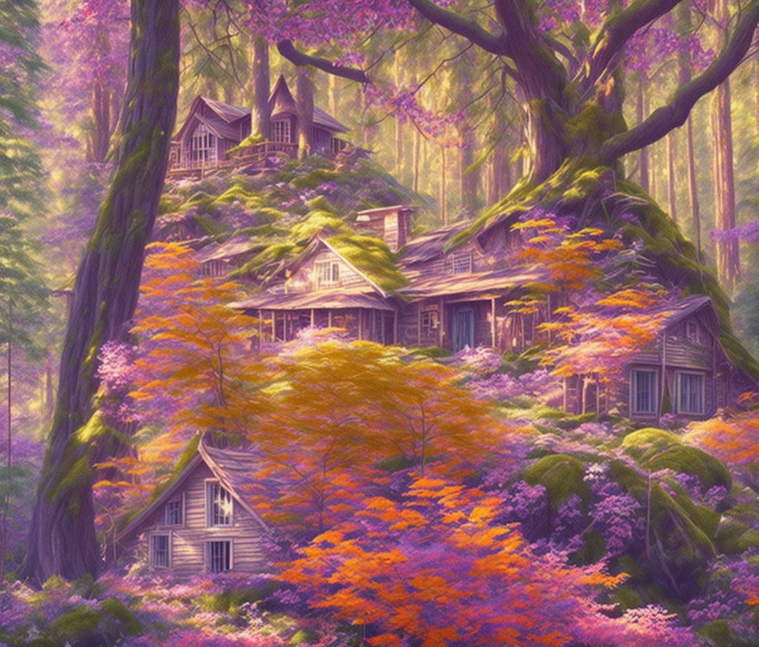 Enchanting treehouse in vibrant purple forest