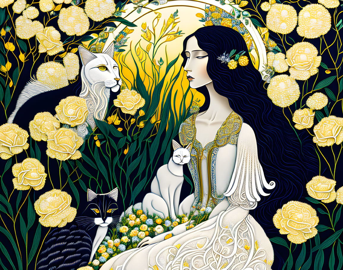 Illustrated woman with long hair among yellow flowers and cats in intricate nature scene