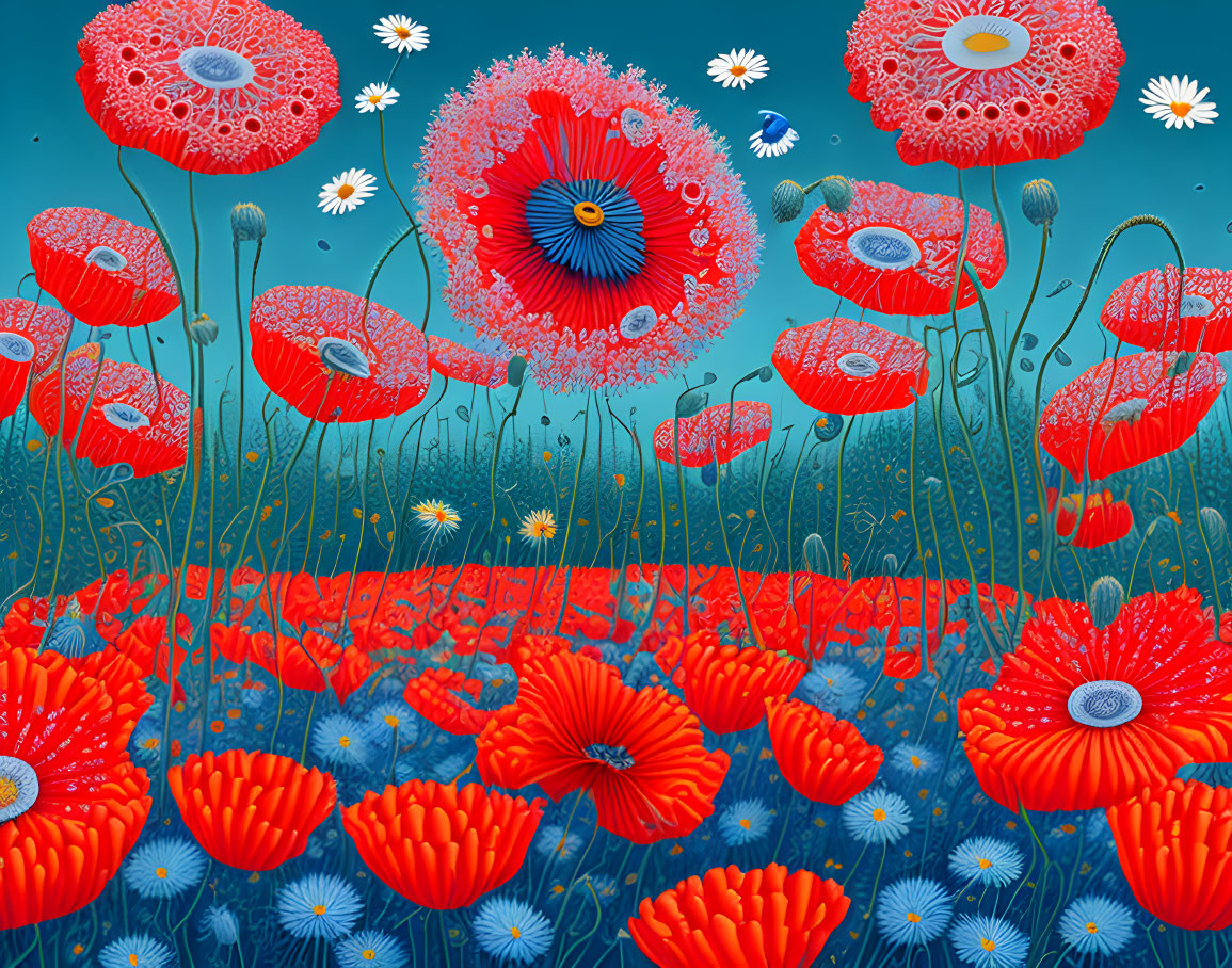 Colorful Poppy Field Illustration with Flowers and Bees on Blue Background