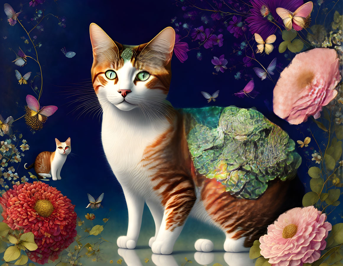 Colorful Butterfly-Winged Cat in Fantasy Floral Scene