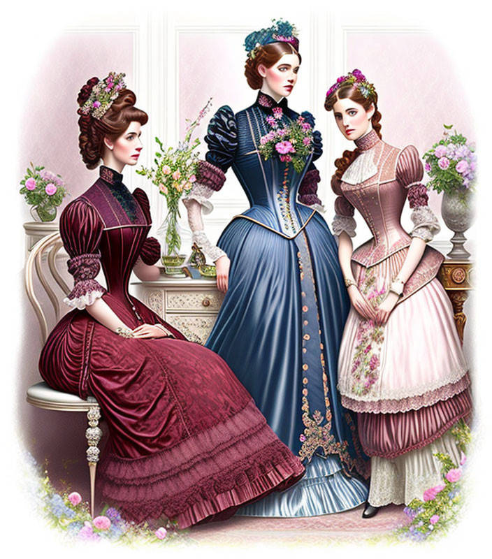 Victorian ladies in period dresses with lace and floral accents