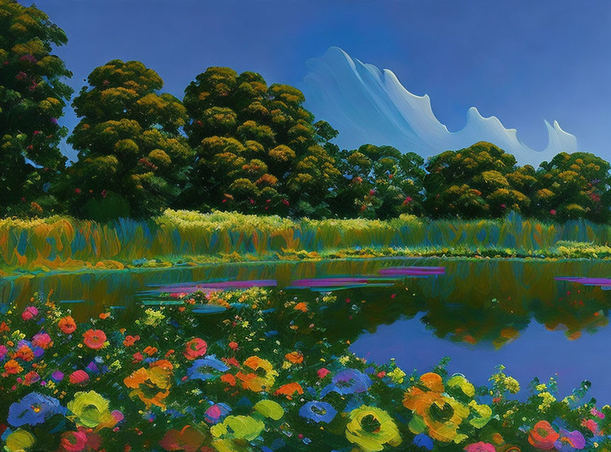 Colorful Blooming Flowers in Vibrant Landscape Painting