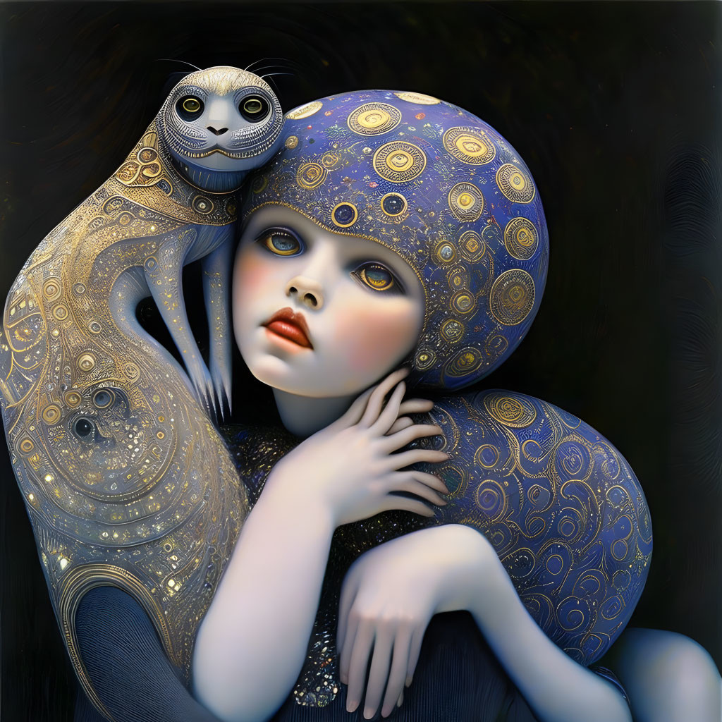 Cosmic-themed portrait with person and cat in stylized painting