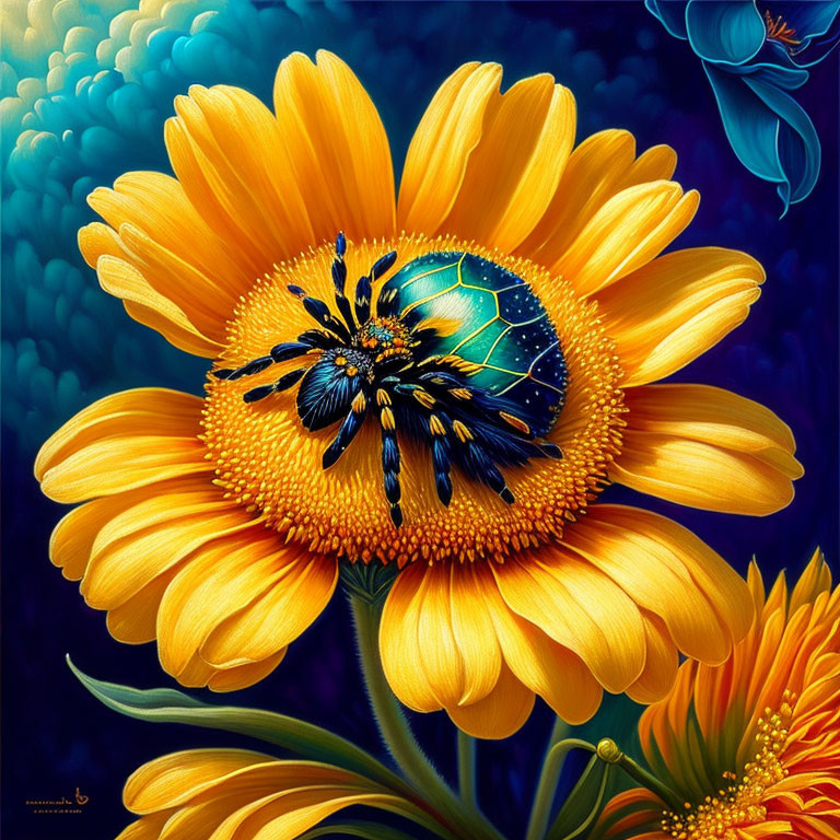 Colorful digital artwork: Sunflower and beetle on blue background