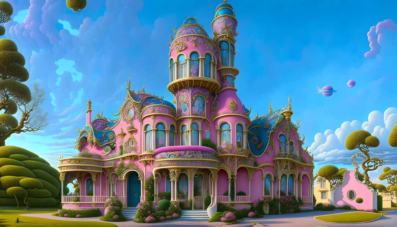 Whimsical pink and blue palace in surreal landscape