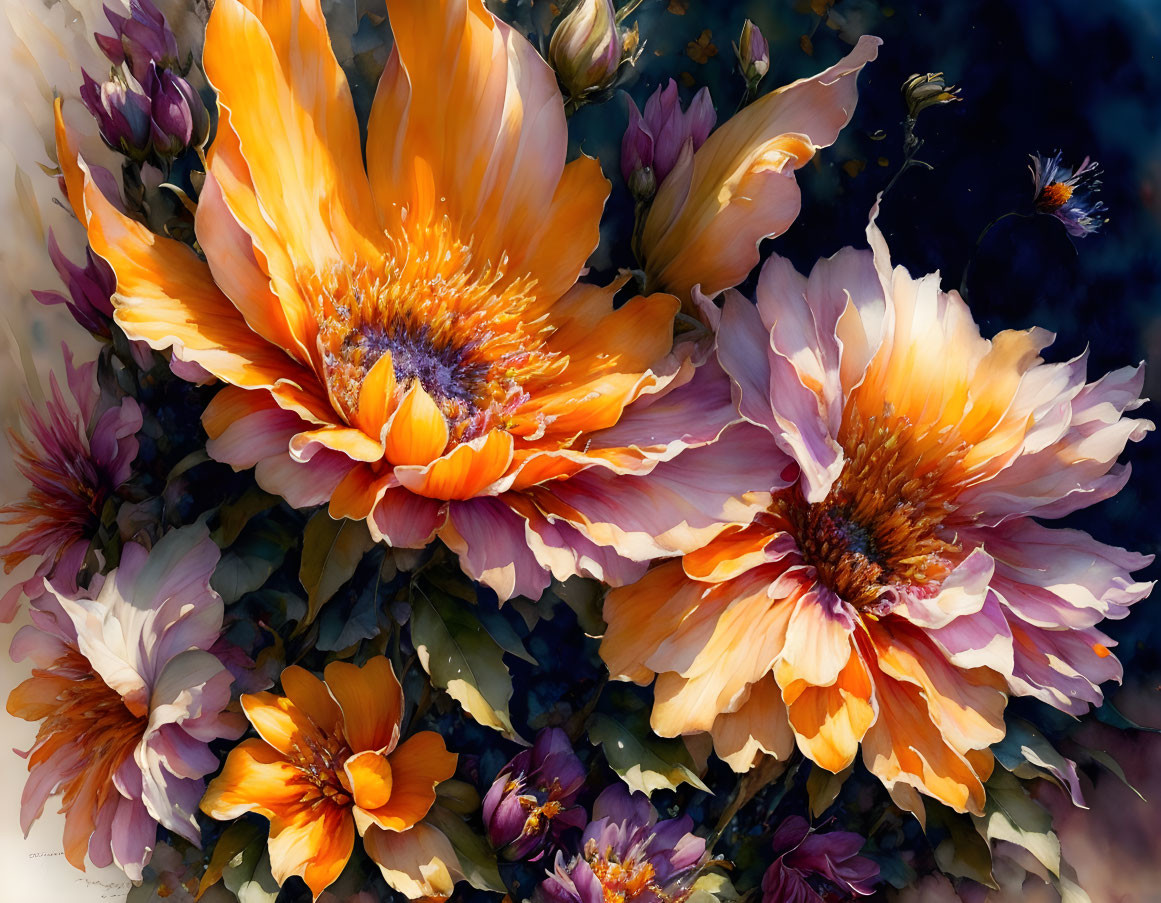 Bright orange and white watercolor flowers on dark background