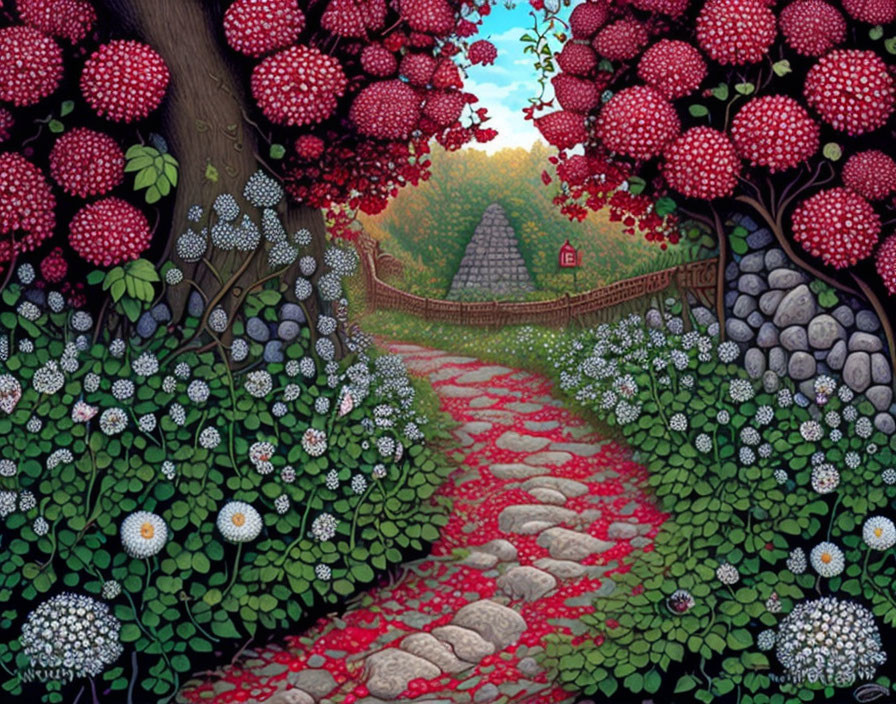 Whimsical garden path with red flowers, white blossoms, stone fence, and cottage