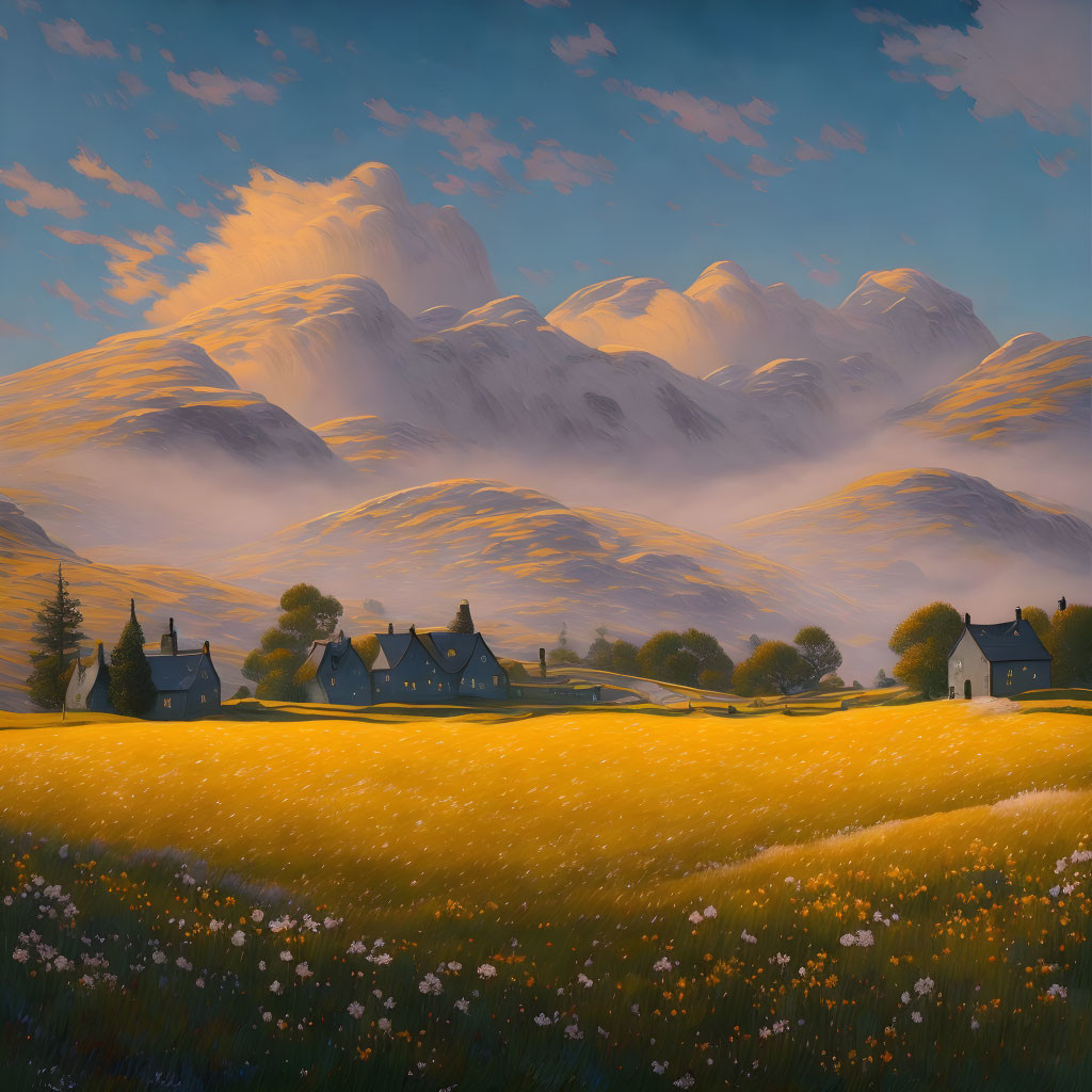 Golden meadow, quaint houses, mountains in warm sunset glow