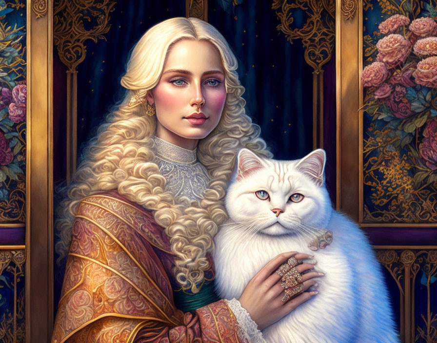 Blonde Woman in Renaissance Dress Holding White Cat