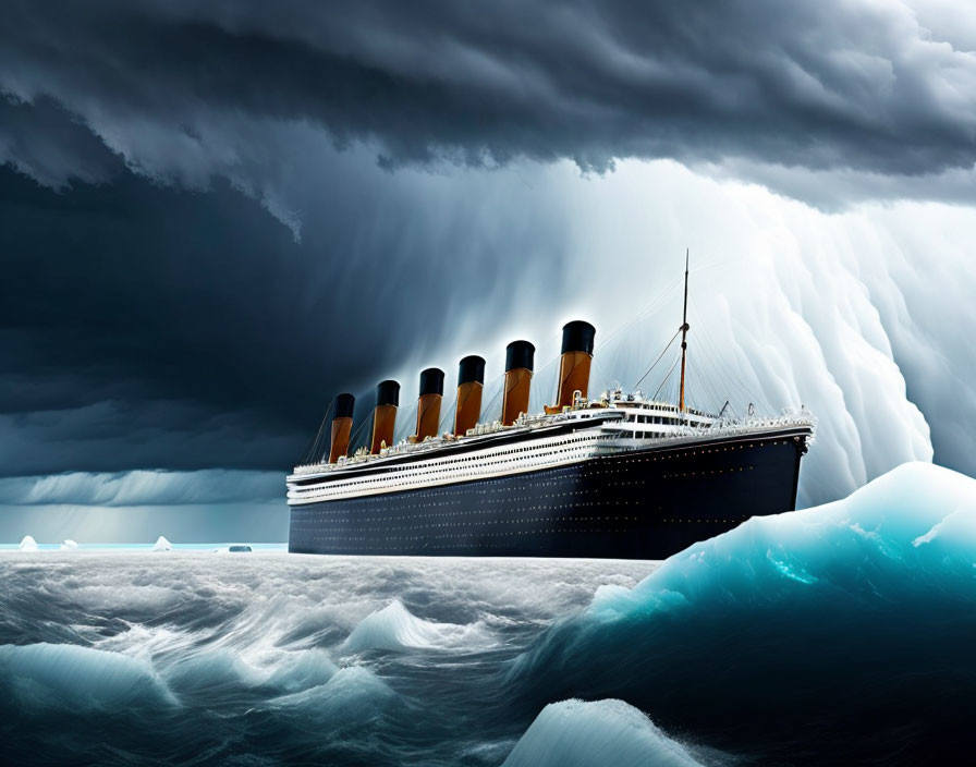 Vintage Ocean Liner Sailing Through Stormy Seas with Icebergs