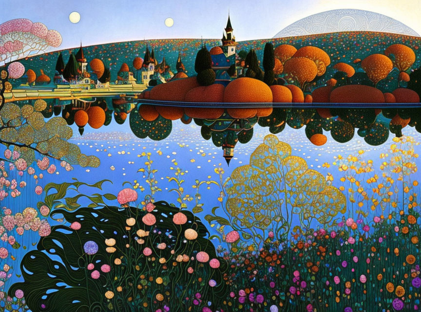 Colorful landscape with lake, trees, castle, and twilight sky