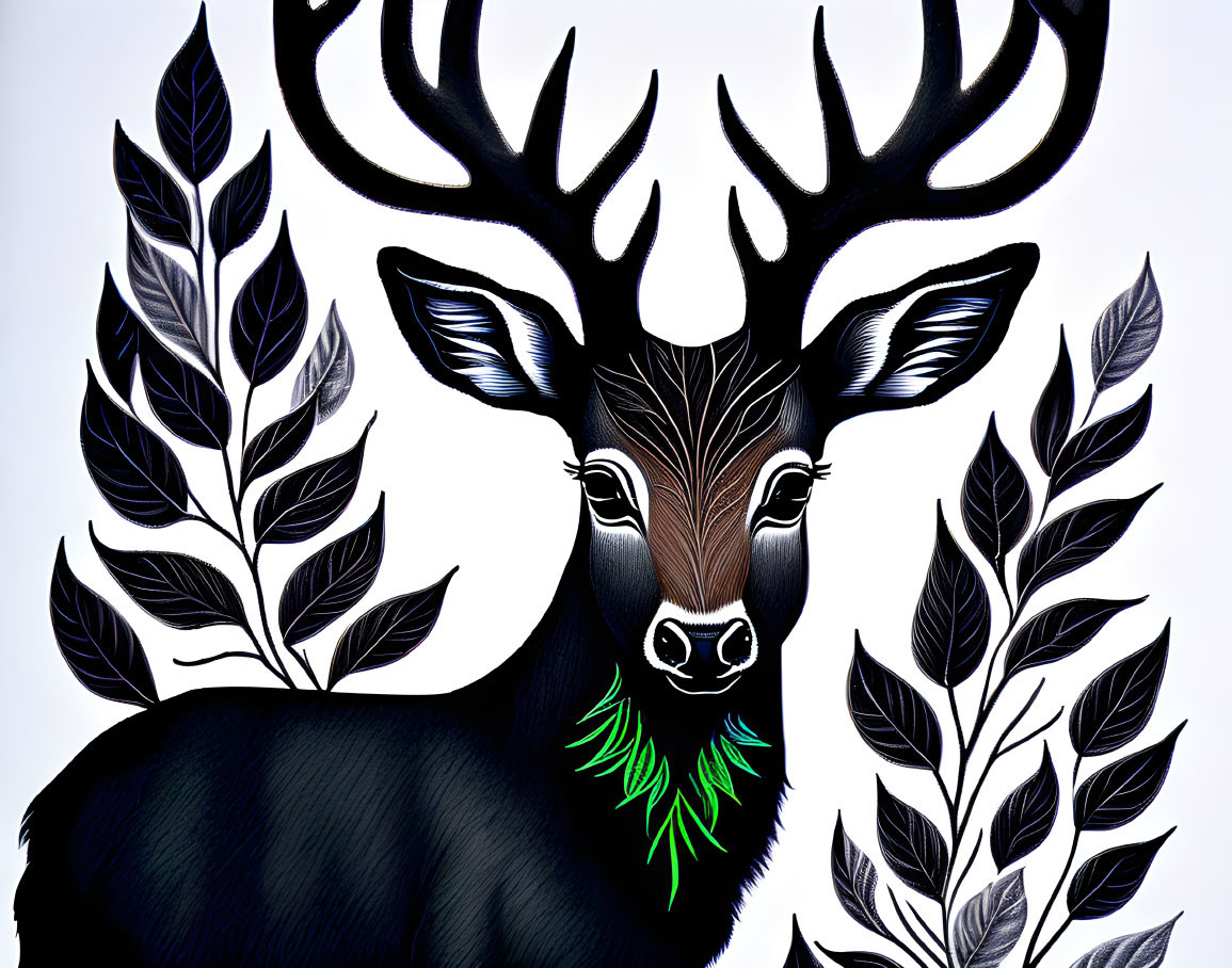 Detailed deer illustration with intricate antlers and decorative leaves on white.