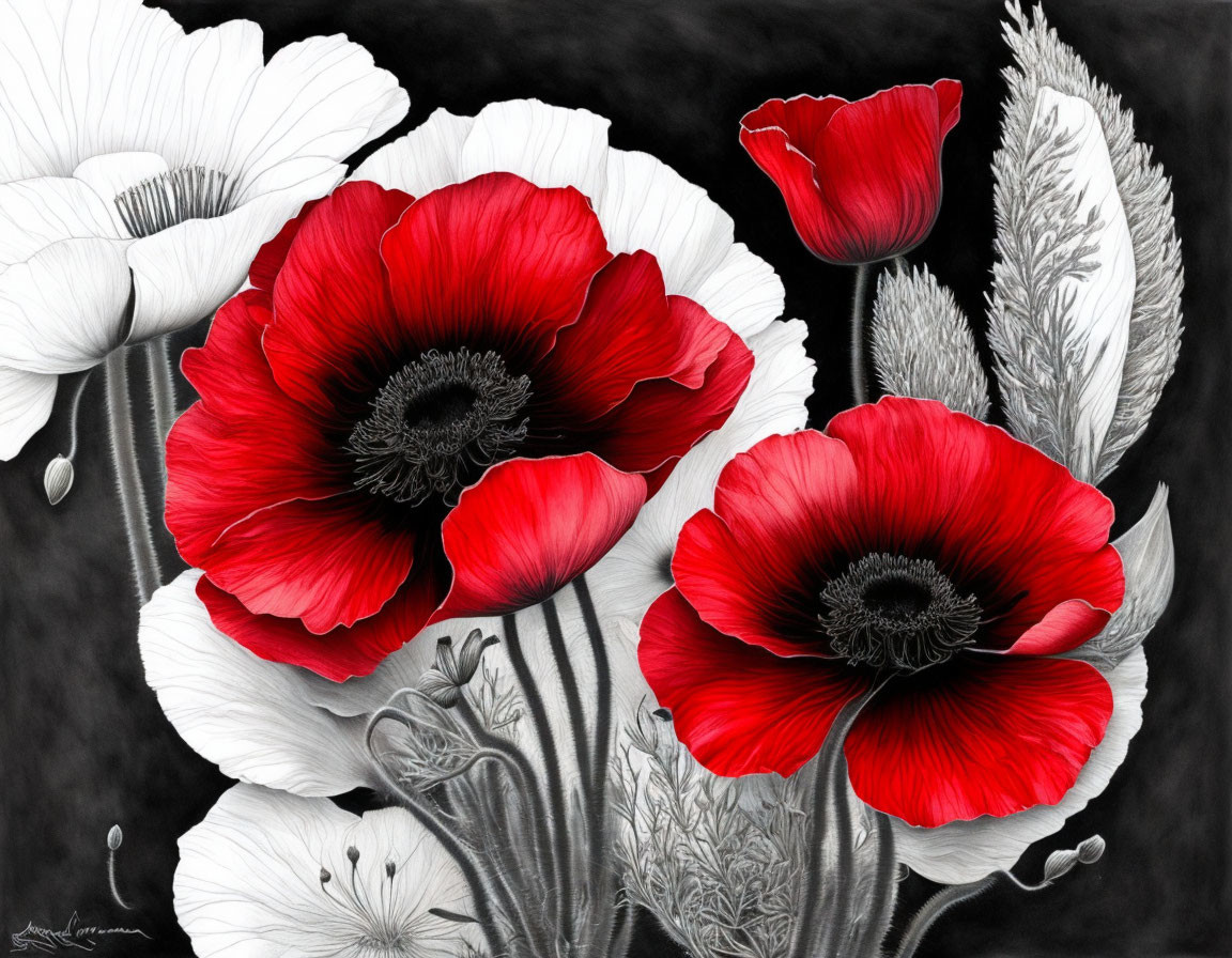 Detailed Red and White Poppies on Dark Background