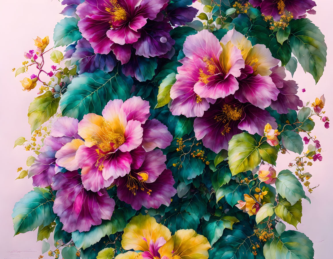 Colorful Oversized Flowers in Purple, Pink, and Yellow on Pastel Background