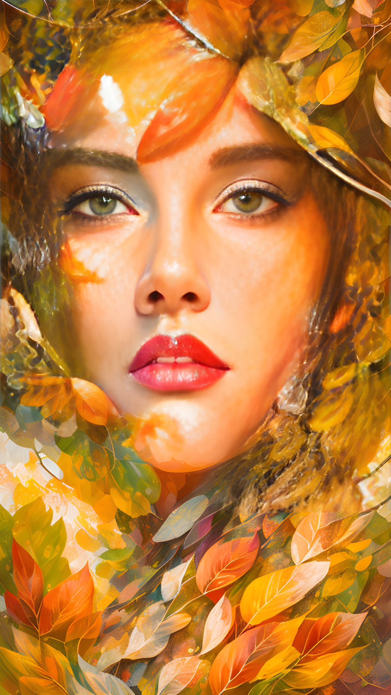 Portrait of a woman's face merged with autumn leaves in rich warm colors