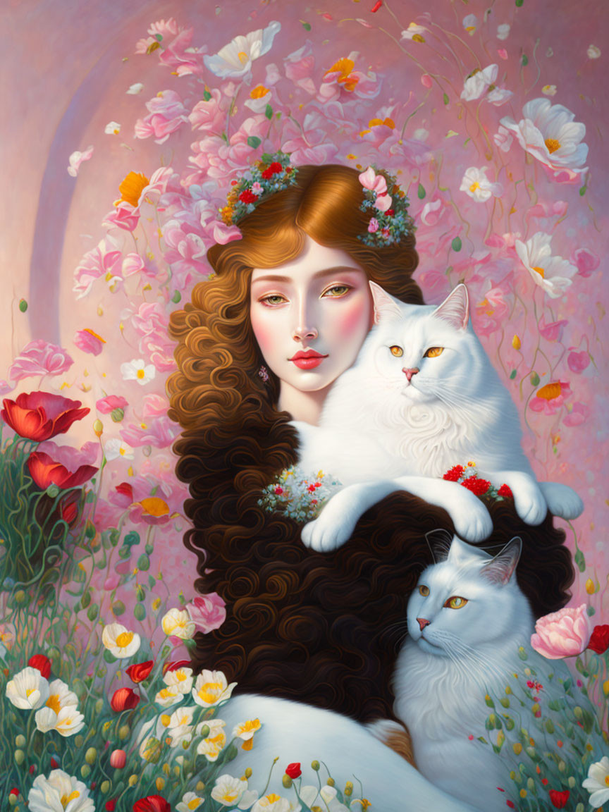 Brunette woman with white cats in floral setting