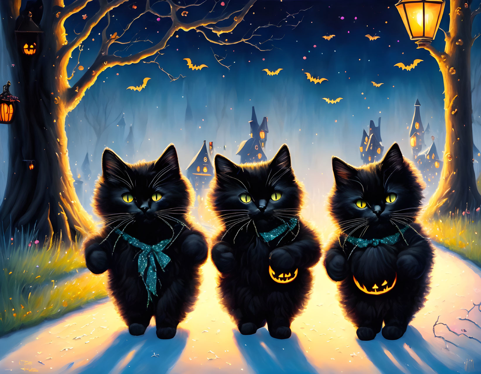 Black Cats with Glowing Eyes and Pumpkins on Halloween Path