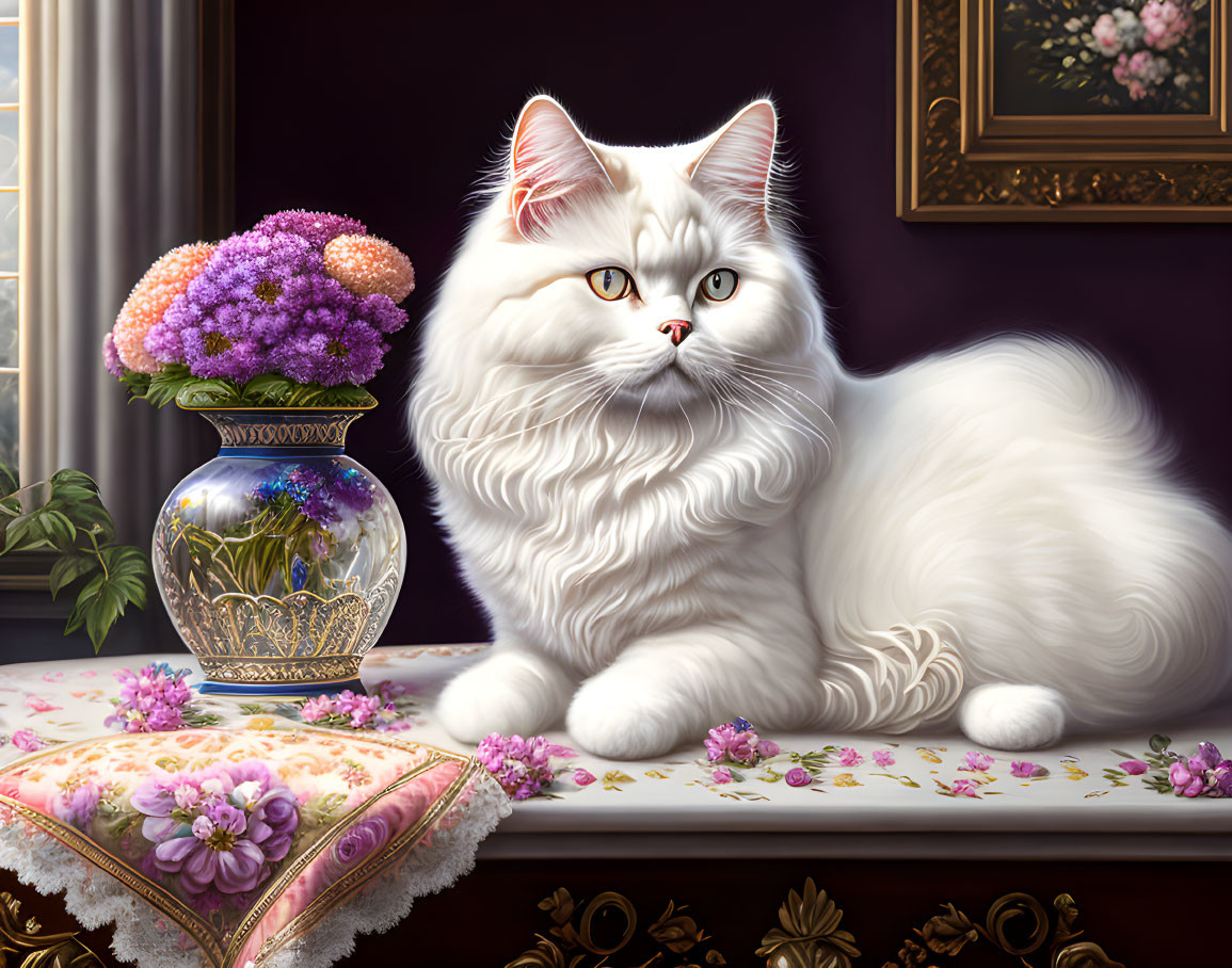 Fluffy white cat with purple flowers on floral table in elegant interior