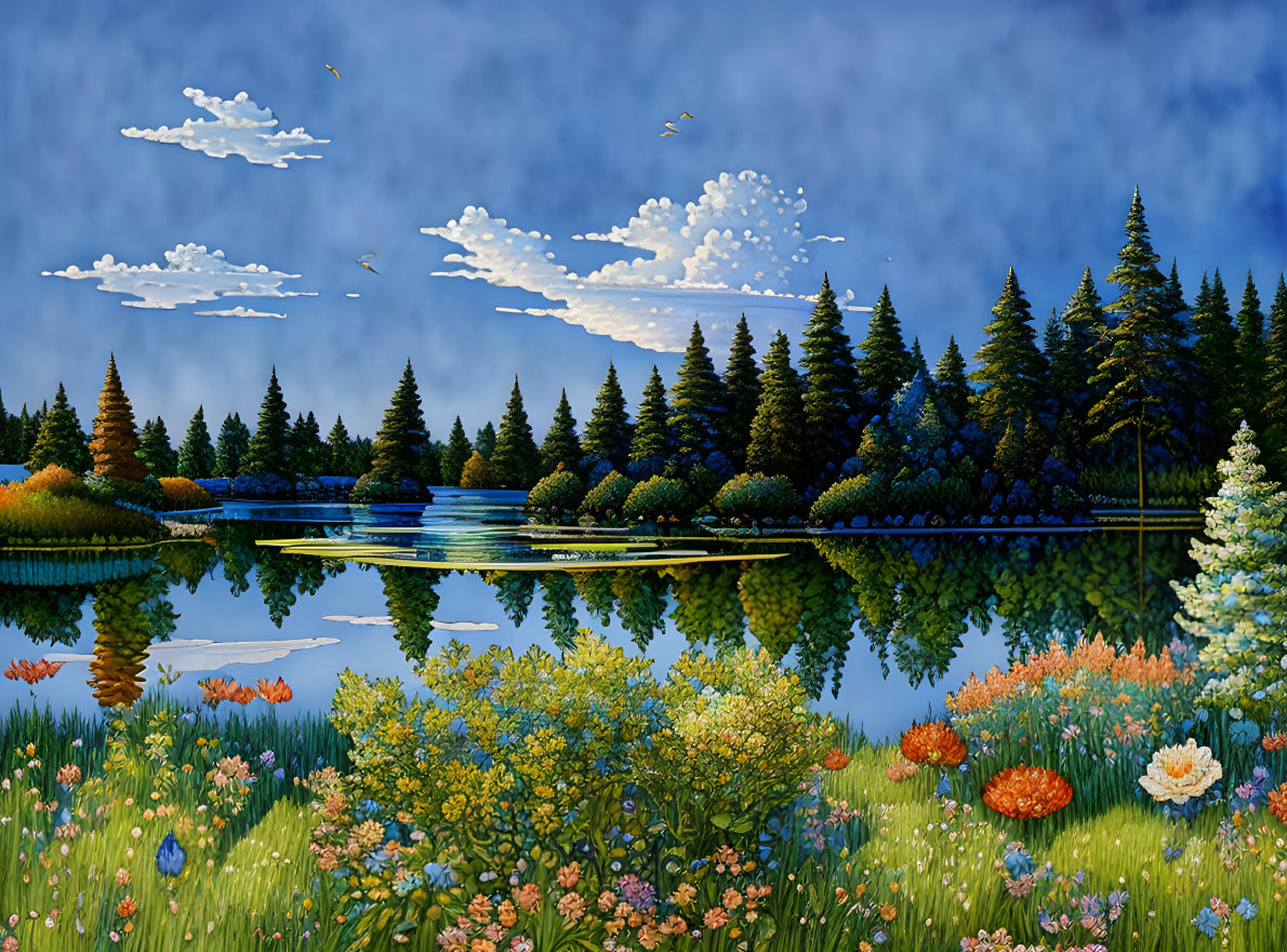 Tranquil lake landscape with evergreen trees, blue sky, and vibrant flower field