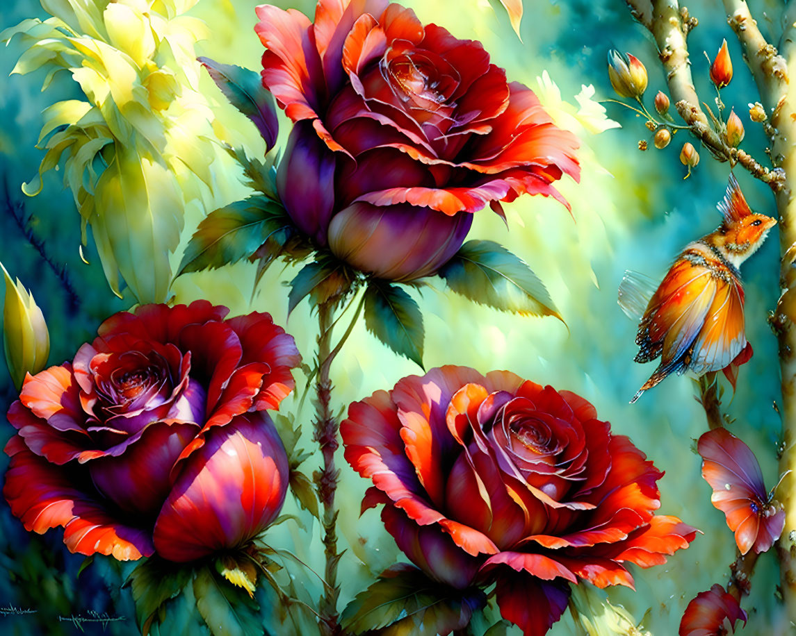 Colorful red roses with yellow tips and a bright bird on a branch in lush foliage.