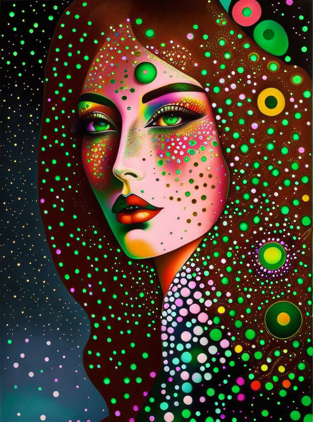 Vibrant digital portrait of a woman with dot patterns in green, red, and yellow on dark