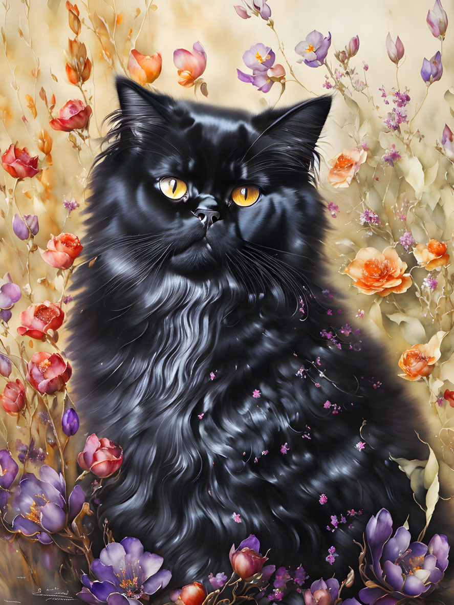 Majestic black cat with yellow eyes in vibrant floral setting