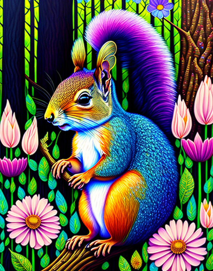 Colorful squirrel illustration on branch with flowers and green background