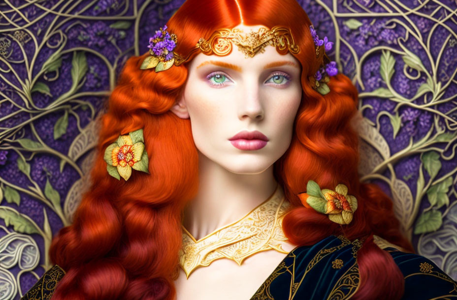 Red-haired woman with golden accessories in floral setting