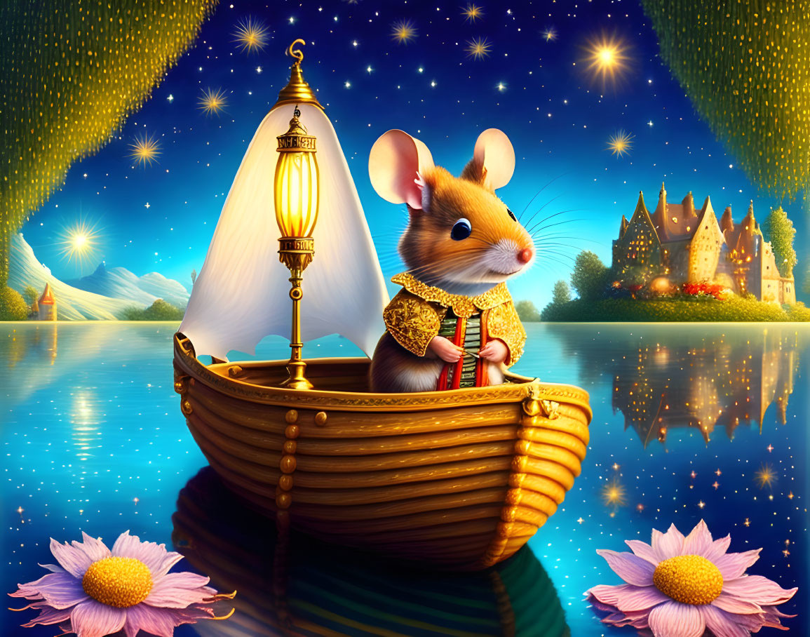 Regal mouse rowing boat under starry sky near castle and flowers.