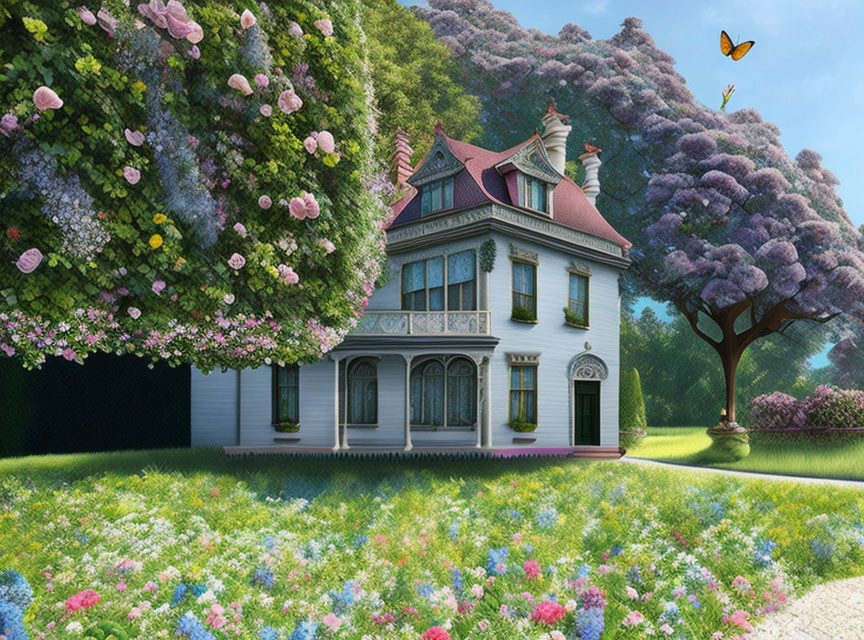 Victorian house with lush gardens and butterfly under clear sky