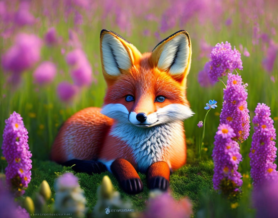 Vibrant digital illustration: red fox in purple flower field