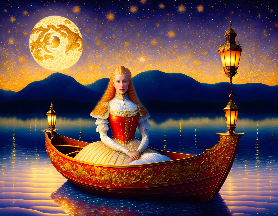 Renaissance woman in gondola under starry sky with moon and lanterns