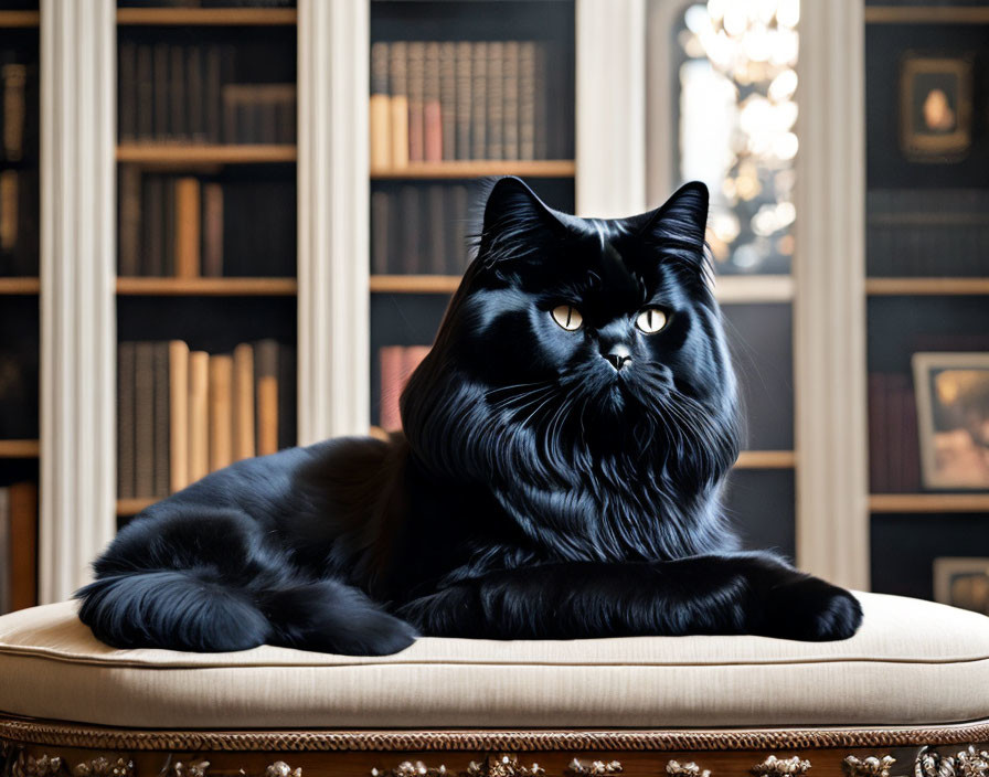 Black cat with yellow eyes on cream cushion against dark bookshelves