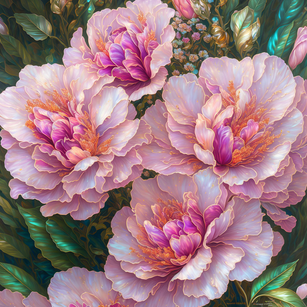 Detailed Artwork: Three Pink Peonies with Green Foliage