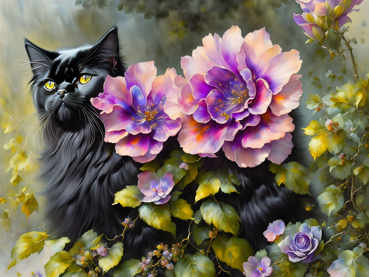 Fluffy Black Cat Among Vibrant Flowers