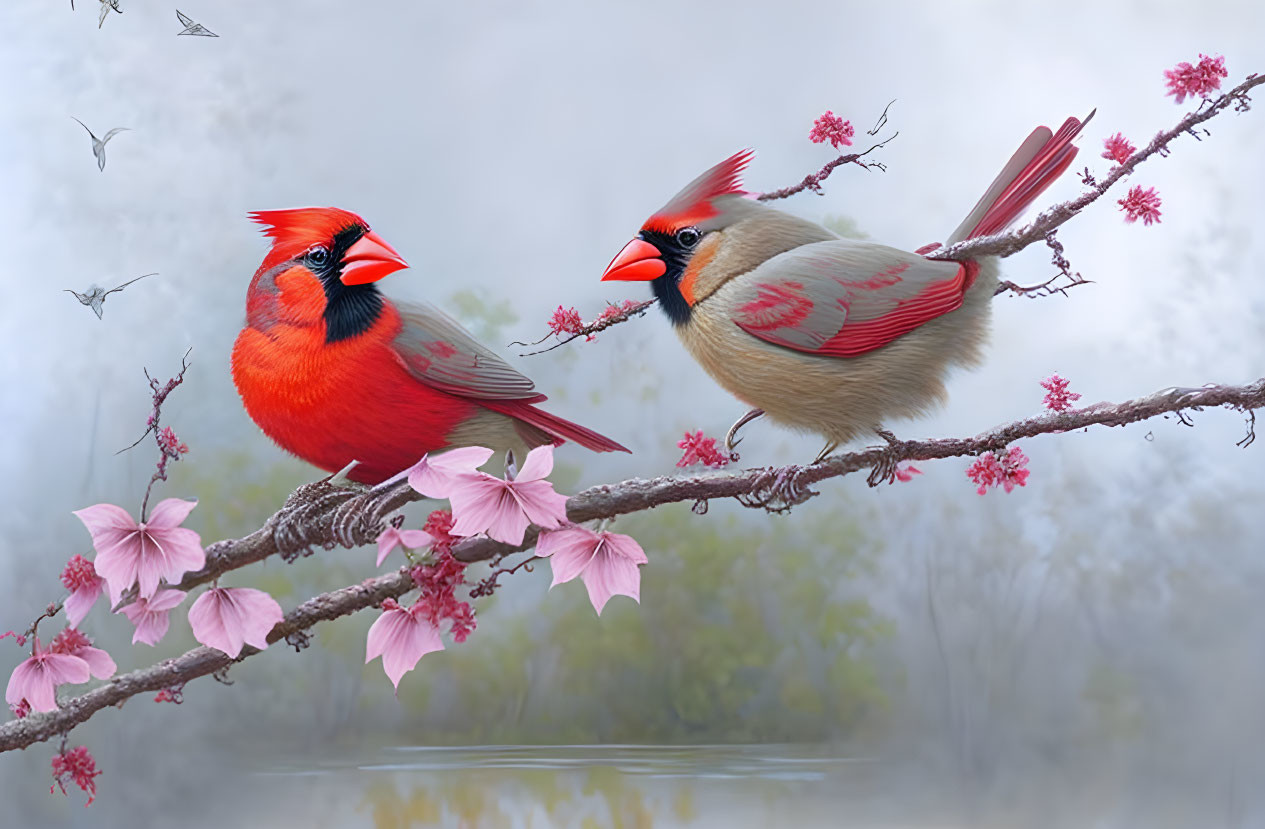 Pair of Northern Cardinals on Blossoming Branch in Misty Background