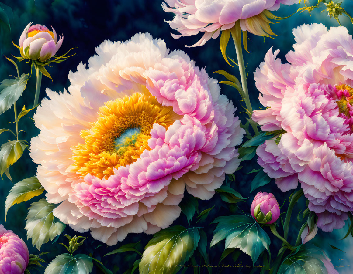 Colorful painting of large pink peonies on dark background