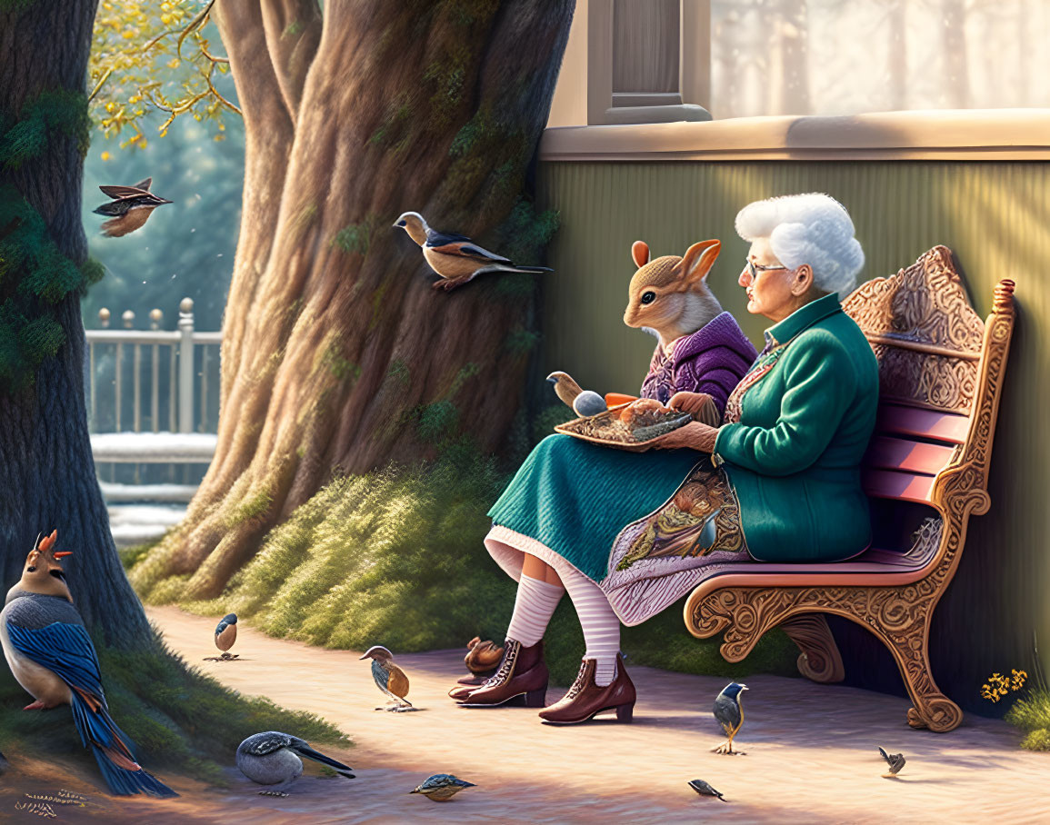 Elderly lady, anthropomorphic squirrel, and birds in serene garden